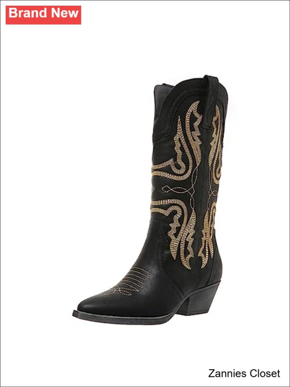 ✨ Western Cowboy Boots Women Mid Calf Chunky Block Heel Snip Toe Embroidered